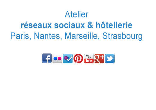 Face à la demande des hôteliers, TendanceHotellerie.fr organise le mardi 22 mai 2012 après-midi un atelier réseaux sociaux à Paris, sur le thème de Facebook principalement, sans oublier les autres réseaux sociaux tels que&nbsp;(...)